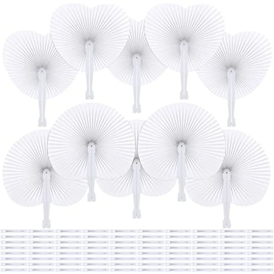 

Aodaer 100 Pack White Folding Fans Heart and Round Shaped Folding Fans Handheld Fans with Plastic Handles Decorative Fans for W