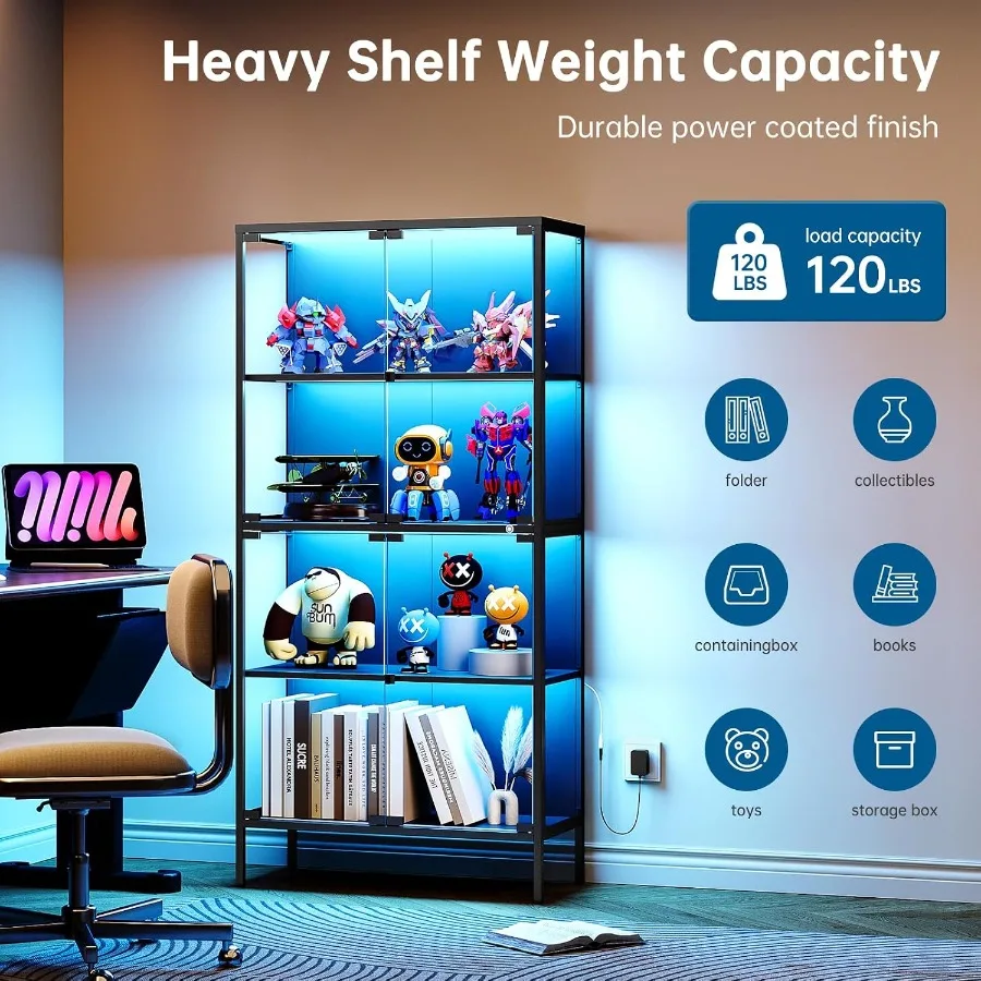 65" Glass Display Cabinet with 3-Color LED Light, Display Case with 4 Tempered Glass Doors and Shelves, Metal Frame Curio Stora view 3
