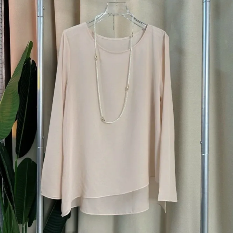 

Женская бежевая прозрачная многослойная свободная повседневная блузка с длинным рукавом и круглым вырезом