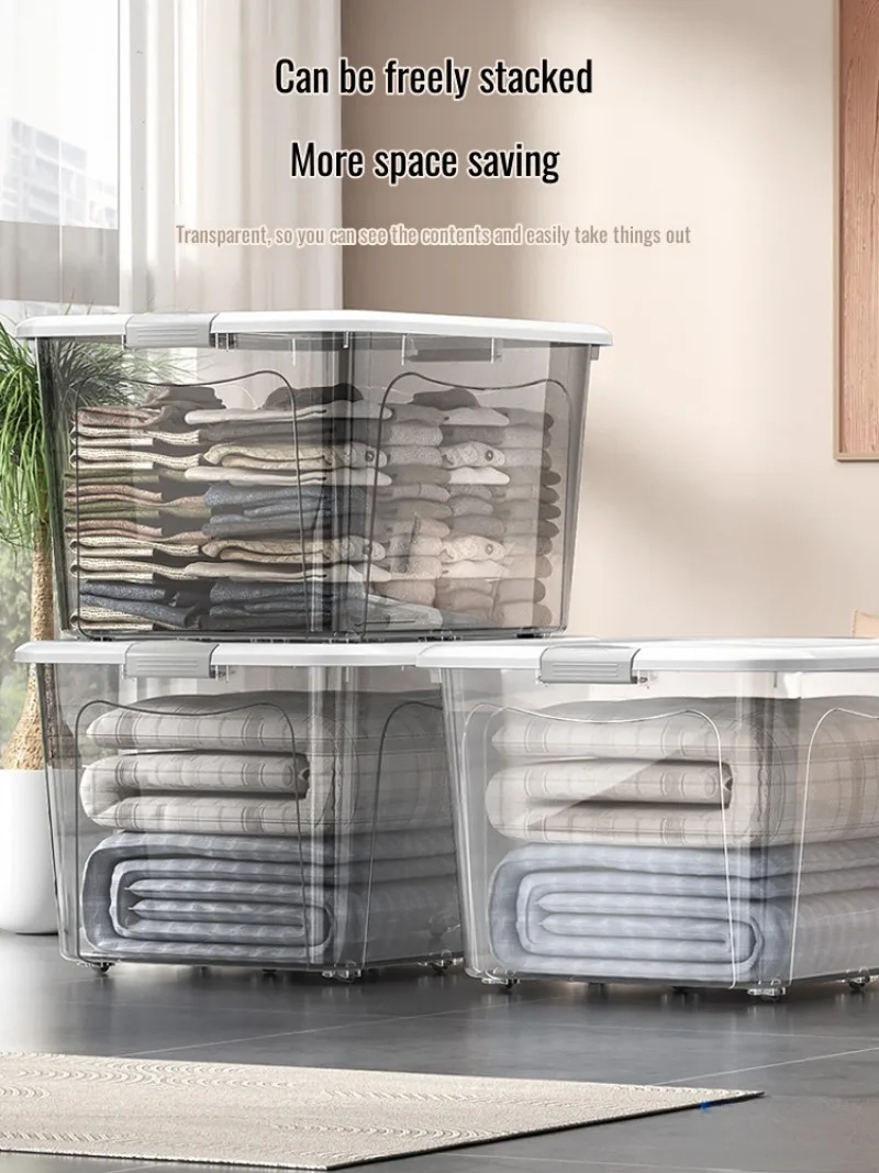 Caja organizadora de almacenamiento de ropa acrílica transparente grande para el hogar con tapa, contenedor de almacenamiento de ropa a prueba de polvo para dormitorio o armario