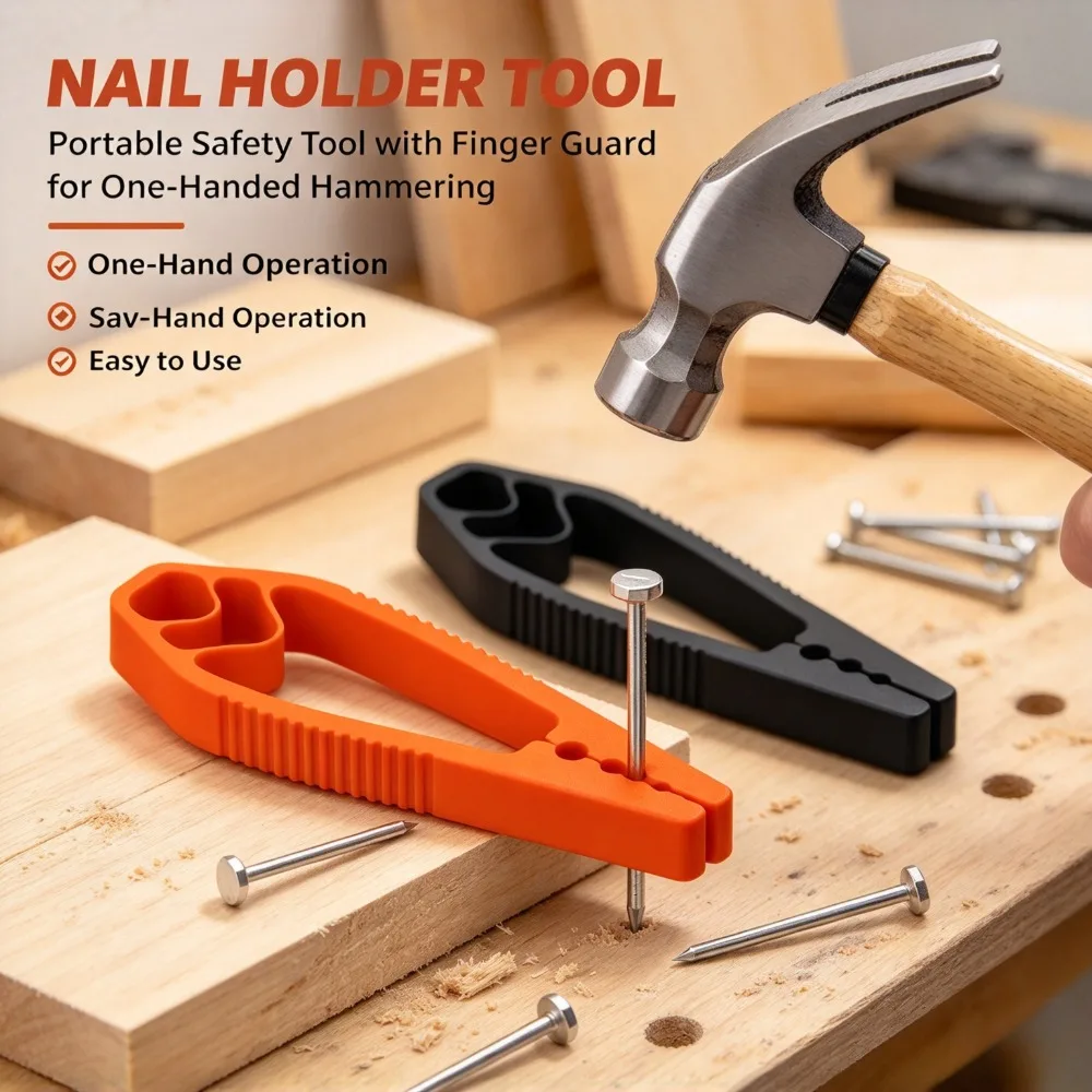 Nail Holder With Sliding Finger Guard Portable Safe One Hand Hammering Tool For Woodworking Home Repair DIY Kit