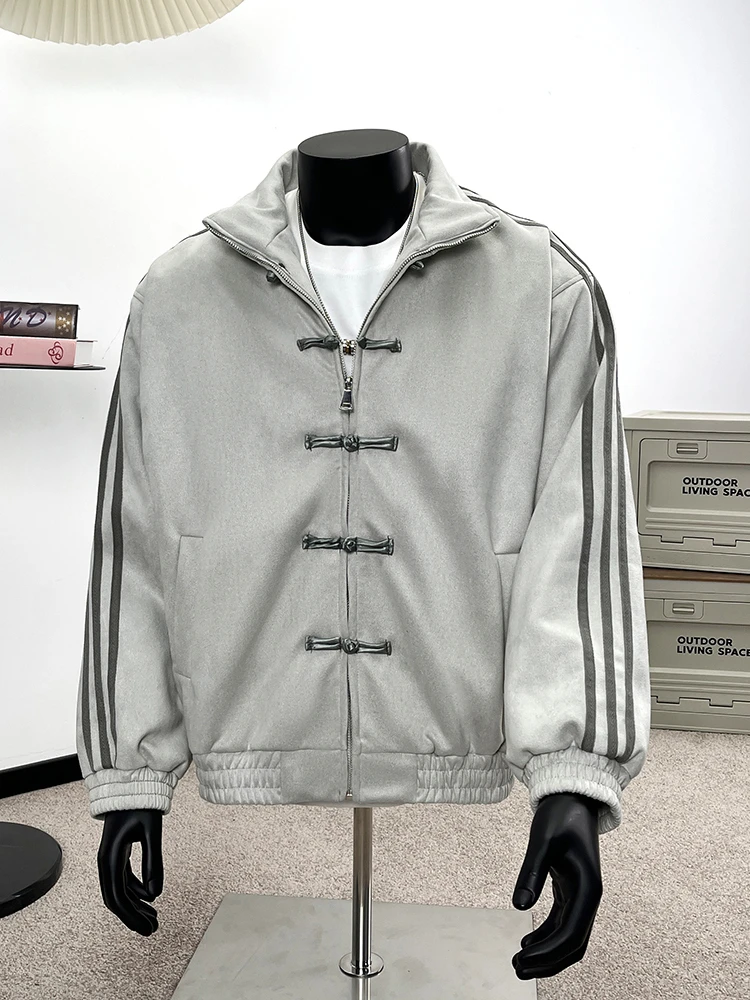 

Loose Fit Suede Jaet for Men Spring New Chinese Sle Button Stand Collar Outerwear Casual Cool Top Youth ular Striped