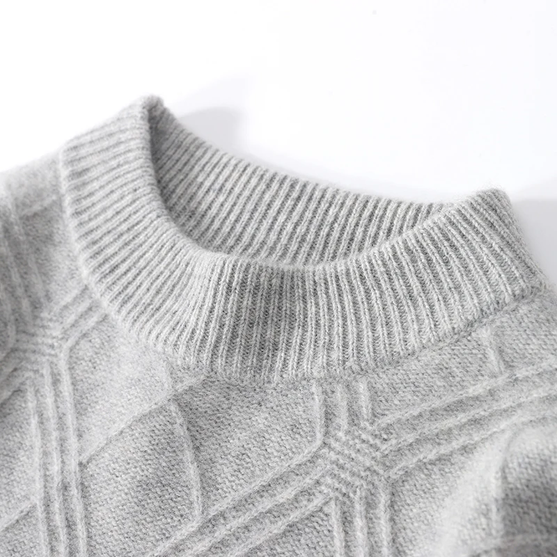 Spring Autumn 100%Pure Wool Men's Round Neck Long Sleeve Top One Line Ready to Wear Diamond Grid Twisted Flower Cashmere Sweater