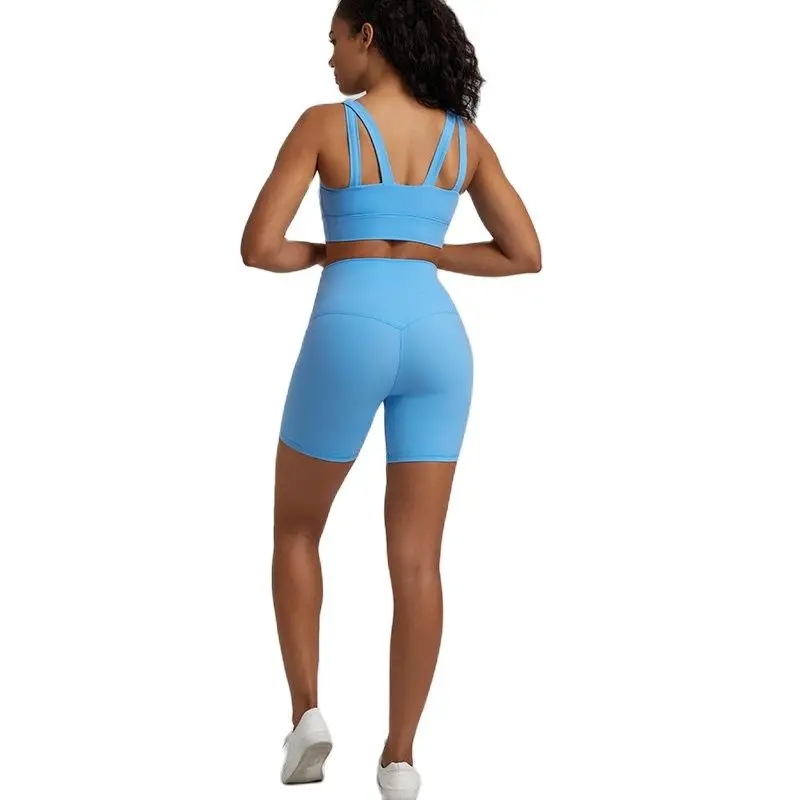 Solid Color Round Neck Gym Yoga Set Comprehensive Training Women Sports Suit High Waist Short Legging And Cross Fitness Bra 2pcs