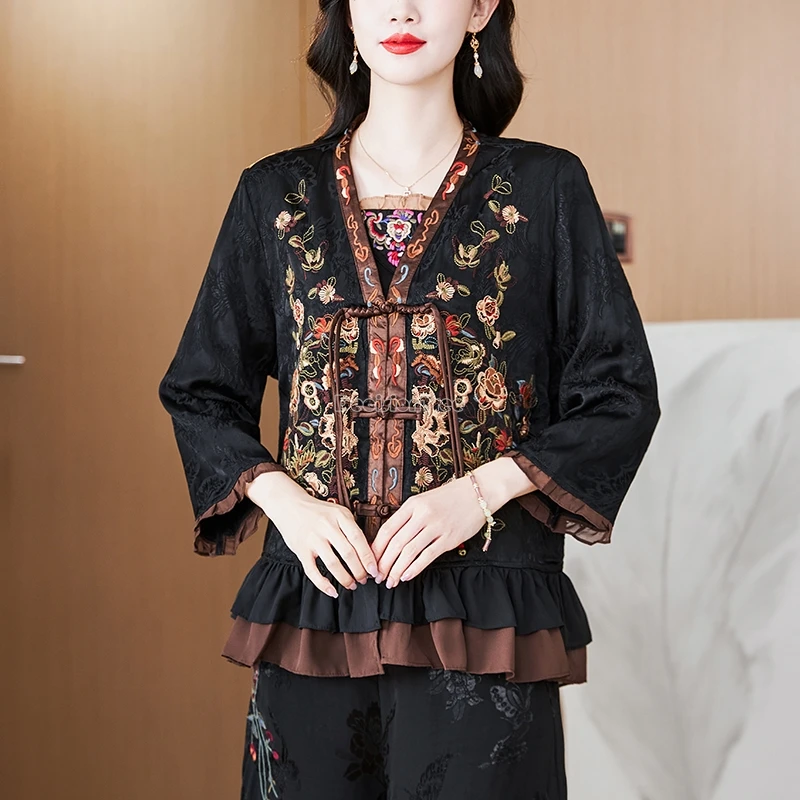 2024 chinese ethnic style embroidery autumn new half sleeve blouse female loose casual v-neck women daily retro blouse top t001