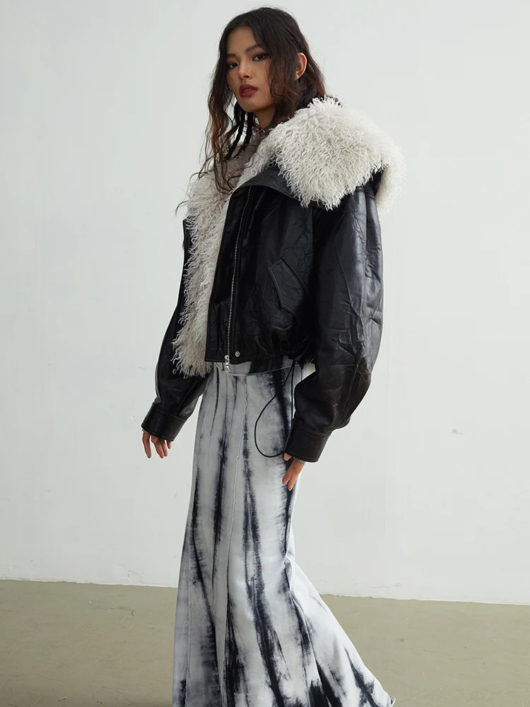 [EAM] Black Big Size PU Leather Jacket New Removable Fur Collar Long Sleeve Women Coat Fashion Tide Spring Autumn 2026 1DH2121