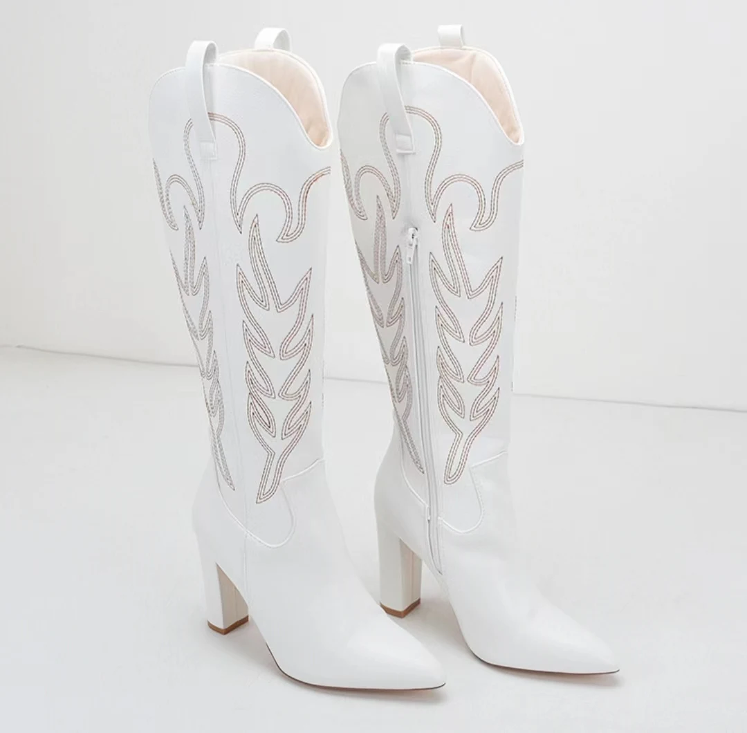 2024 Traf New Pointed Large Embroidered High Heel Cowboy Cowgirl Women\'s Boots High Sleeve White Long Boots Wedding Western boot