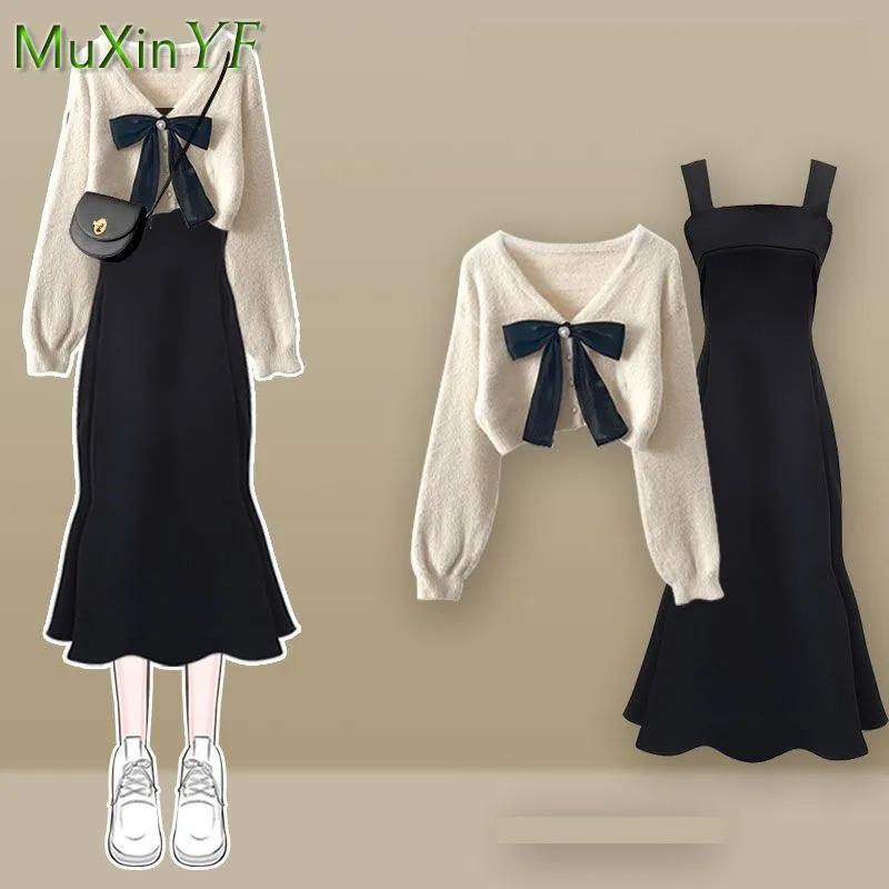 2024 Women\'s Autumn/Winter New Fashion Knitted Sweater Dress Matching Set Korean Elegant Bow Cardigan Strap Skirt Two Piece Suit