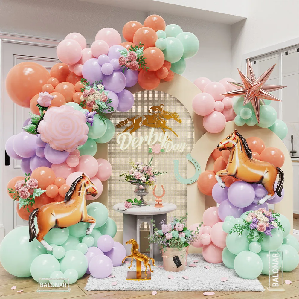 118Pcs Orange Pink Green Western Cowgirl Balloons Garland Inflatable Horse Aluminum Ball Wild Horse Racing Birthday Party Decor
