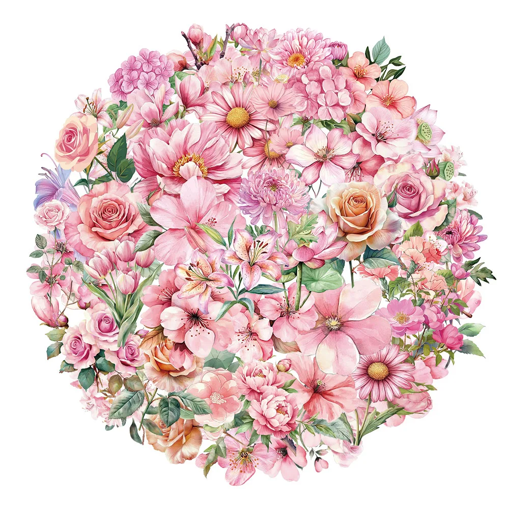 50 adesivi in plastica serie fiori rosa, manuale per bagagli, materiale, adesivi impermeabili per piante floreali retrò