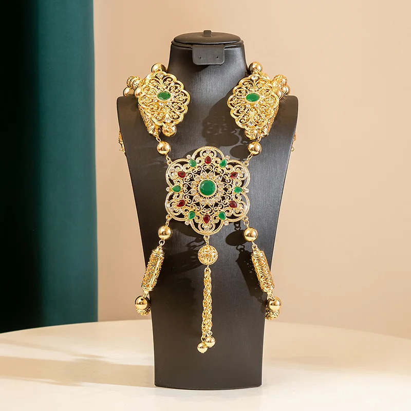 

Moroccan Gold Color Bride Body Jewelery Long Necklace Wedding Kaftan Back Crystal Shoulder Chain Jewelery