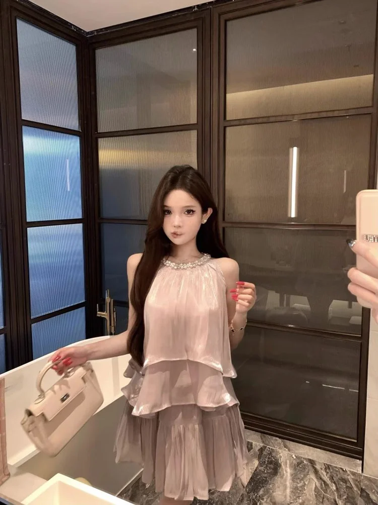 

Faionable Summer 2025 Women's Ne Hanging Strap Vest High Waist Slimming Skirt Two-Piece Set Trendy round Ne Overhead