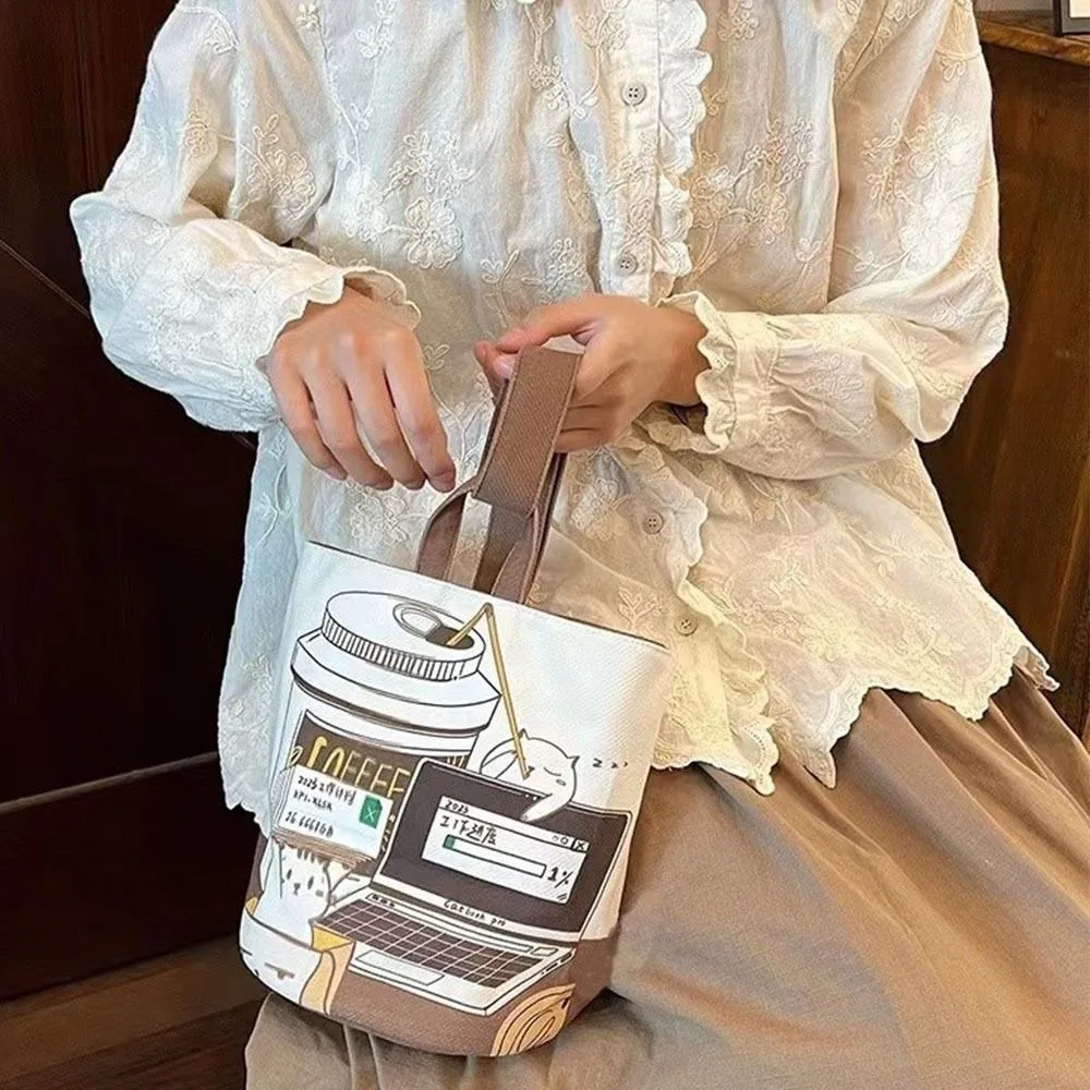 Large Capacity Cartoon Coffee Cat Bucket Bag Korean Style Canvas Handbag Mummy Bag Shopping Bags Tote Bag Lunch Bag Women
