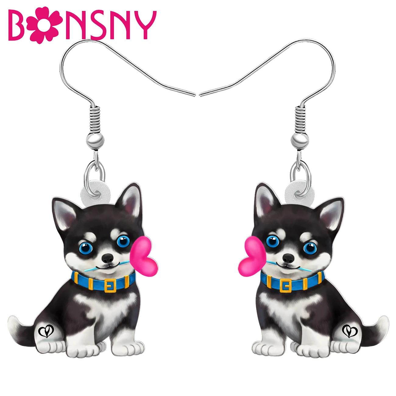 BONSNY Valentine’s Day Acrylic Siberian Husky Heart Charm Drop Dangle Earrings Jewelry For Women Girls Kids Accessory