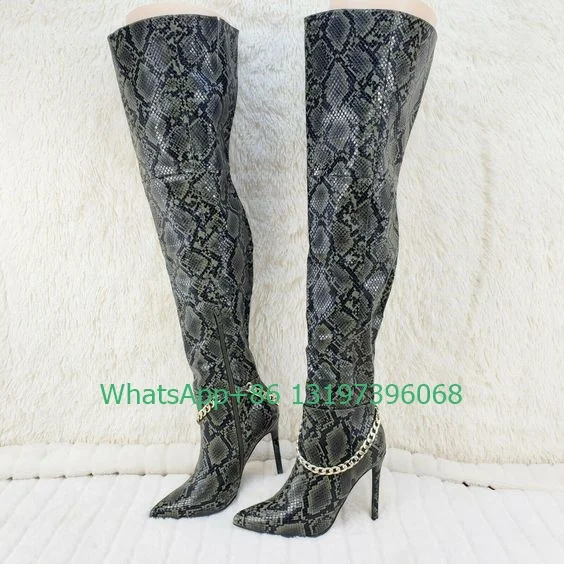 Lady green olive snake print pointed toe boots sexy thigh stiletto heel boots meatl chain design side zip boots footwear size 46