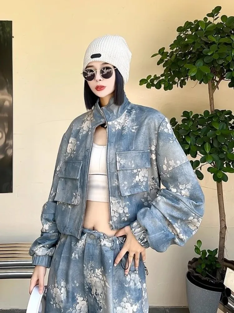 Fashion Women Genunine Leather Jacket Stand Collar Printed Sheepskin Hip Hop Casual Short Coat Loose Fit Female Cargo Jackets