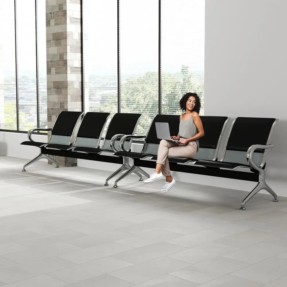

3-Seat Black PU Leather Waiting Room Bench Set for Airport, Hospital, Bank, and Barbershop