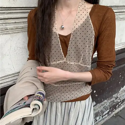 여성용 시스루 메쉬 탱크 탑, 블랙 웨이브 포인트, 레이스업 캐미솔 조끼, V넥 민소매 홀터, 짧은 상의, Y2k, 2024 여름 신상