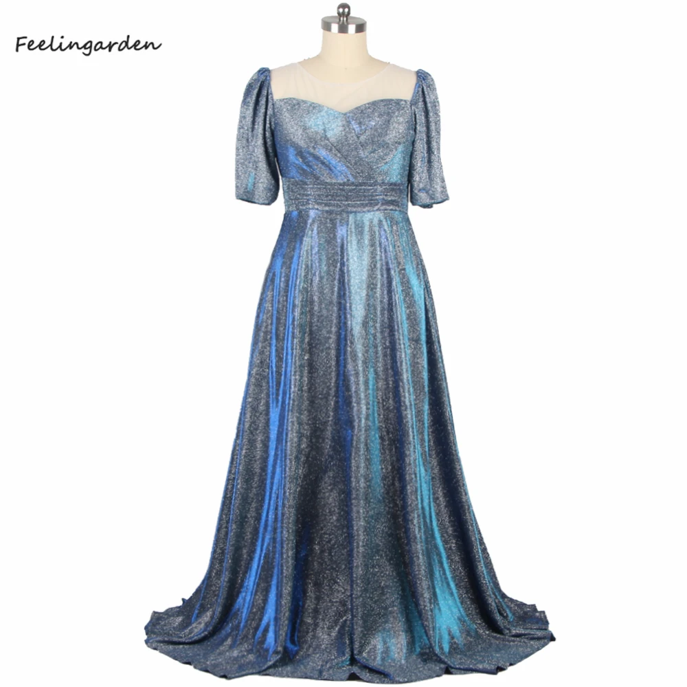 

Feelingarden Evening Dresses Shiny Blue Sweatheat Collar Short Sleeves Lace up Floor Length A-line Pleat Women Party Dress B1063