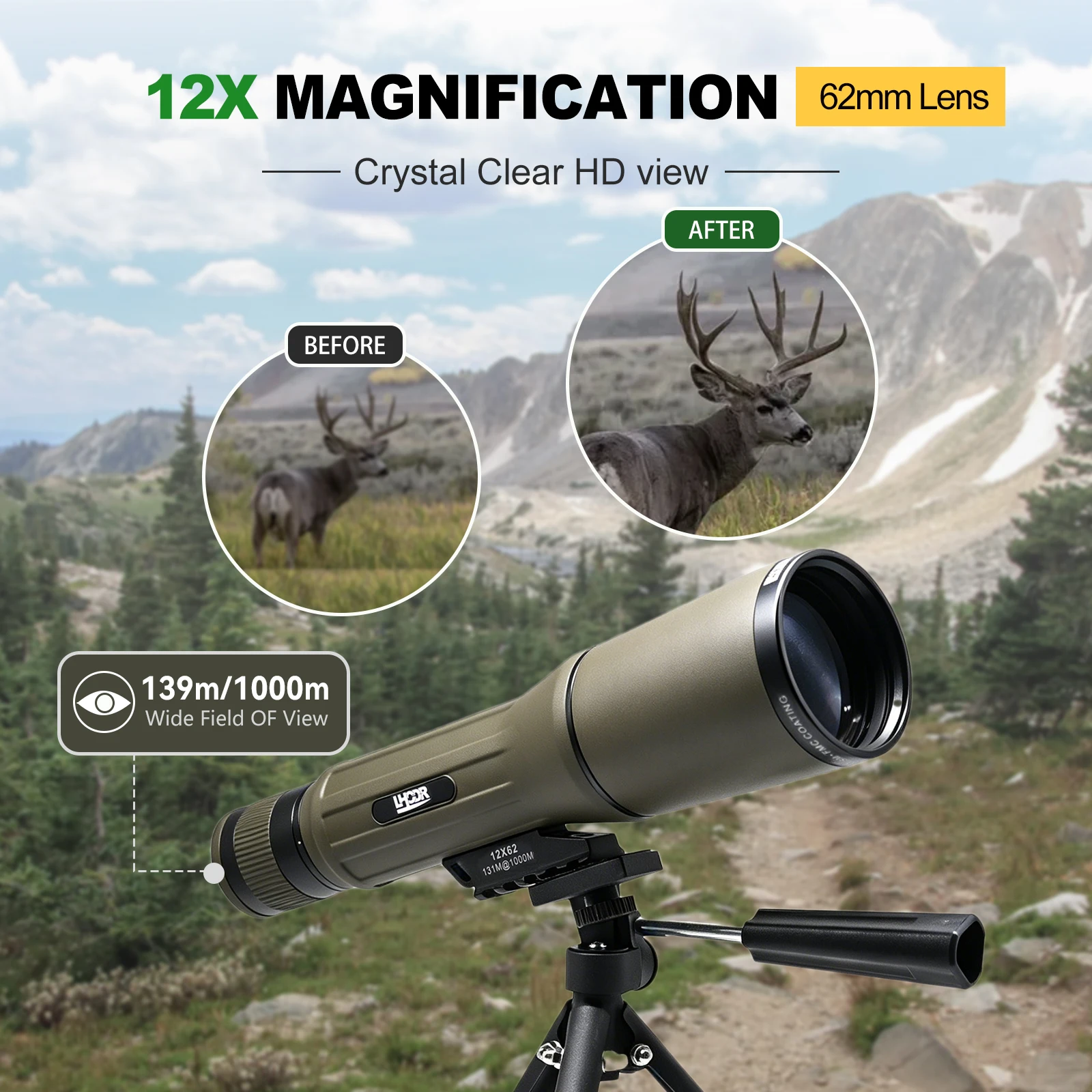 12x62 HD Monocular Telescope with Tripod – High Power Portable Scope for Bird Watching, Hunting, Hiking, Camping & Wildlife Observation (Army Green) 2