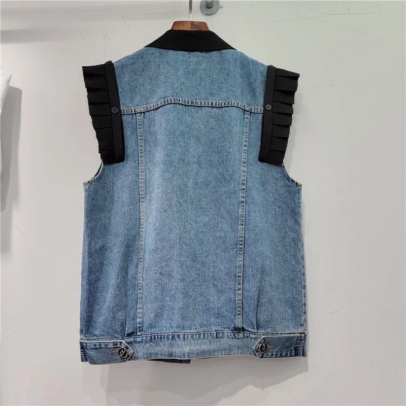 SuperAen European Style Suit Collar Patchwork Denim Jacket for Women Spring 2024 New Pleated Ruffled Loose Vest