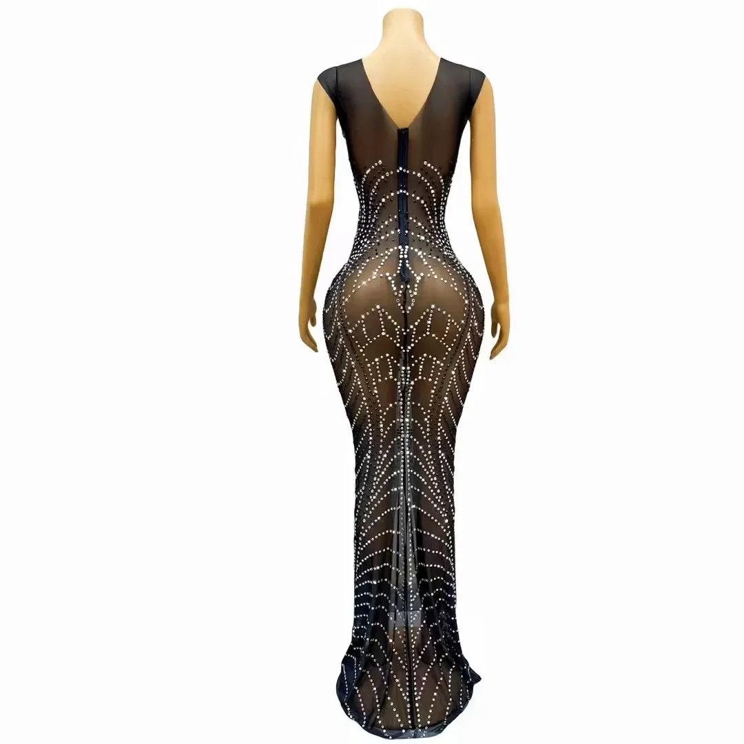 Costume de Soirée d'Anniversaire pour Femme, Robe Sexy, Transparente, avec Strass Argentés et Noirs