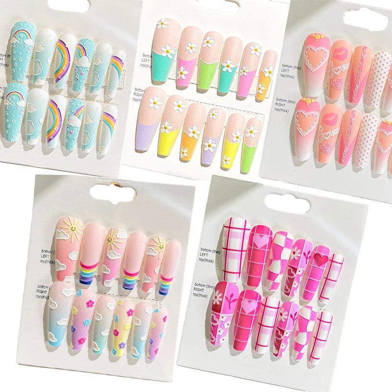 41 Styles Fashion Wearable False Nails Patch Kawaii Girly Heart Rainbow Love Flower Bow Embossed Long Coffin Stiletto Nail Tips