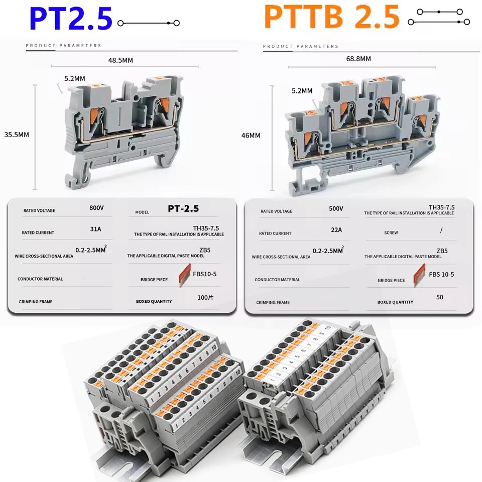 PT 2.5 Push-in Type Spring Crimping DIN Rail Terminal Blocks Kit Set 31A 800V
