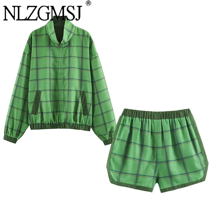 Nlzgmsj 2026 Autumn Retro Grid Print 2 Piece Suit Oversized Stand Collar Coat Elastic Waist Short Pants Daily Wear Set Y2K