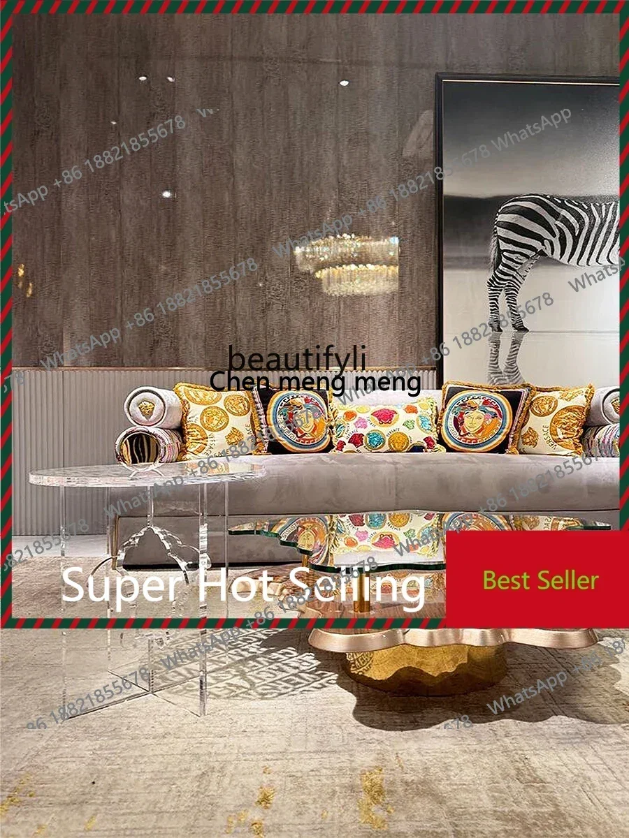Italian Living Room Coffee Table Light Luxury Modern Tempered Glass Marble Special-Shaped Transparent Wood Veneer Tea Table