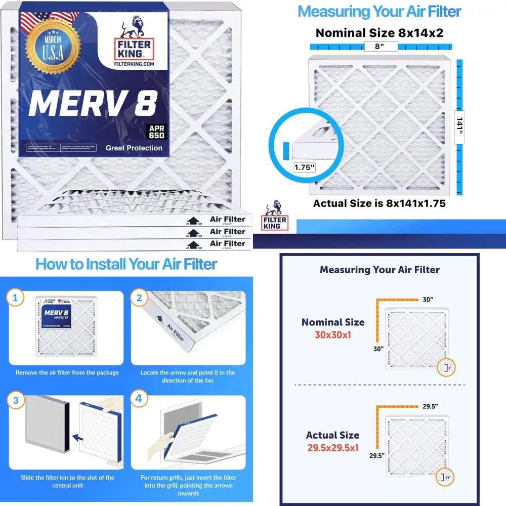 

HVAC Pleated Air Filters 8x14x2 MERV 8 6-Pack for A/C Furnace - Made in USA, Actual Size 8x14x1.75, High Efficiency Air Filtrati