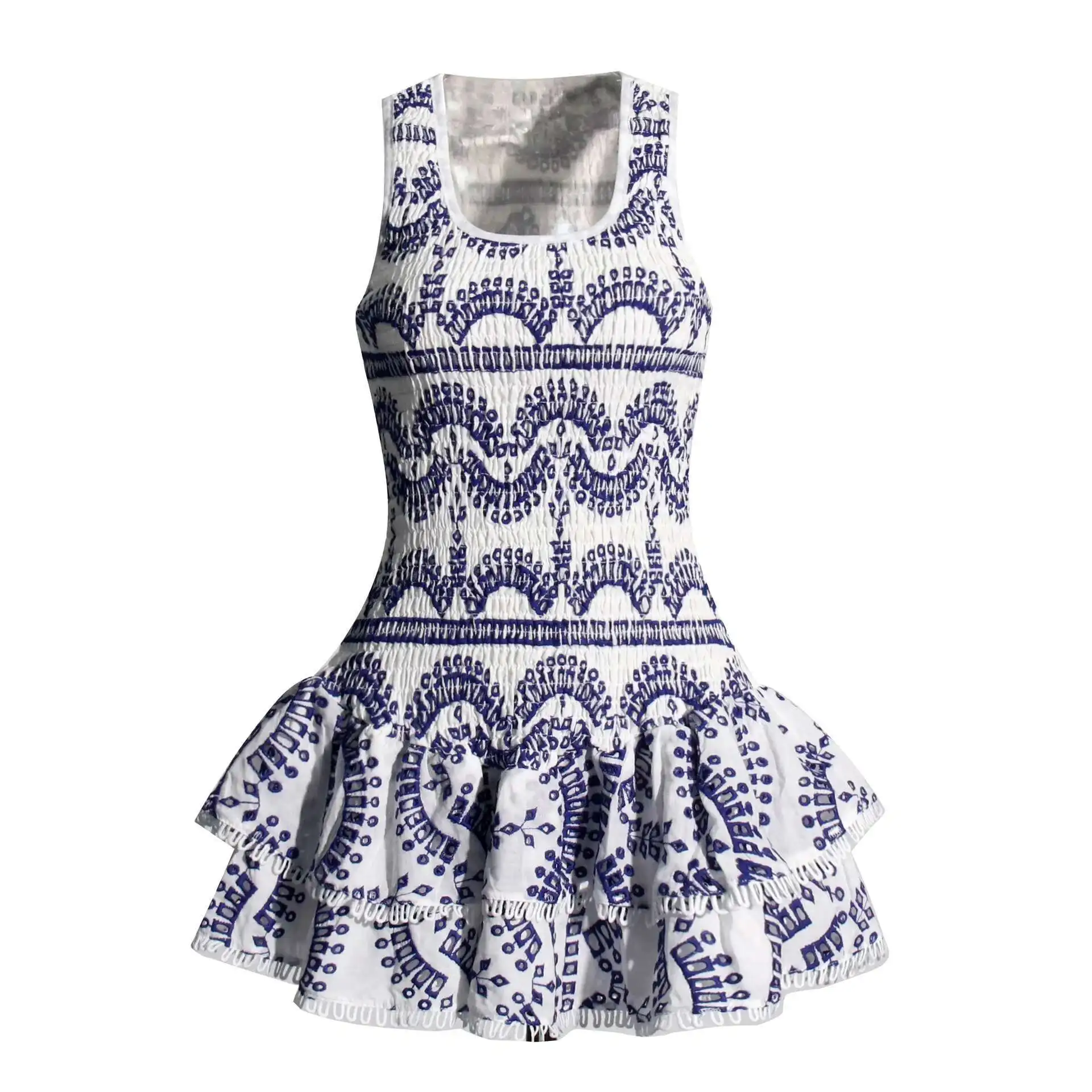 

Summer Sundress Holiday Print Embroidery Cotton Short Cake Dress Women Sleeveless Tank Elastic Back Cocktail Party Vestidos