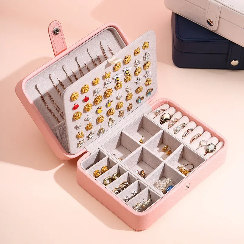 1Pcs Leather Portable Jewelry Box Double Simple Earrings Ring Jewelry Casket Can Hold 68 Earrings