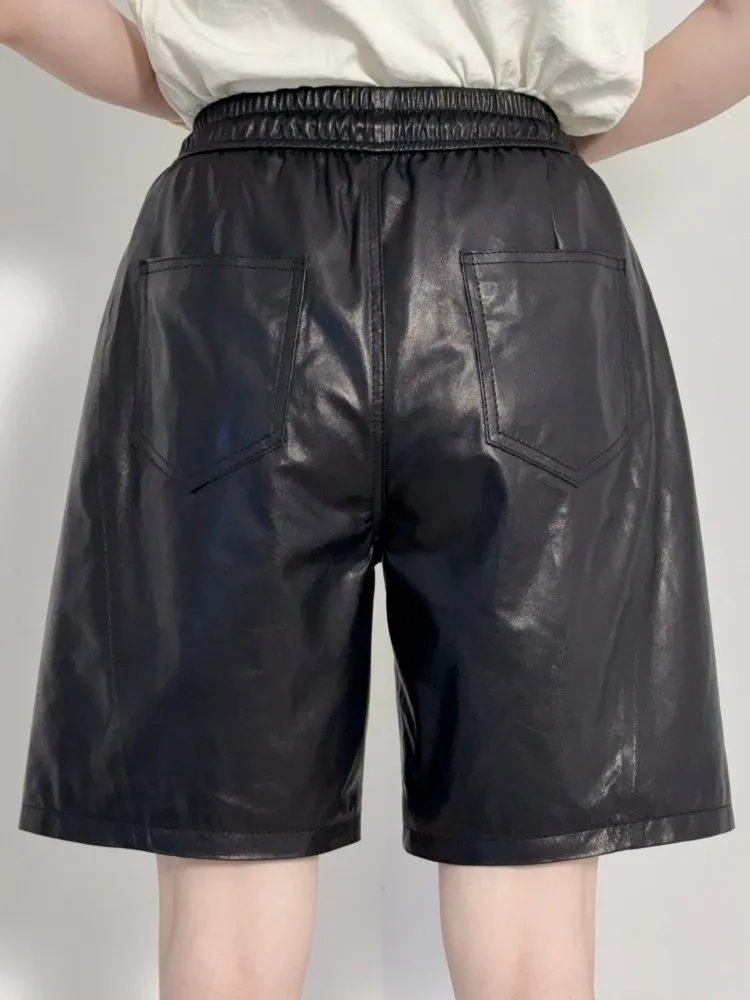 Youth Ladies Leisure Style Solid Color Elastic Waist Genuine Leather Shorts Pocket Lace-Up Comfortable Sheepskin Short Trousers