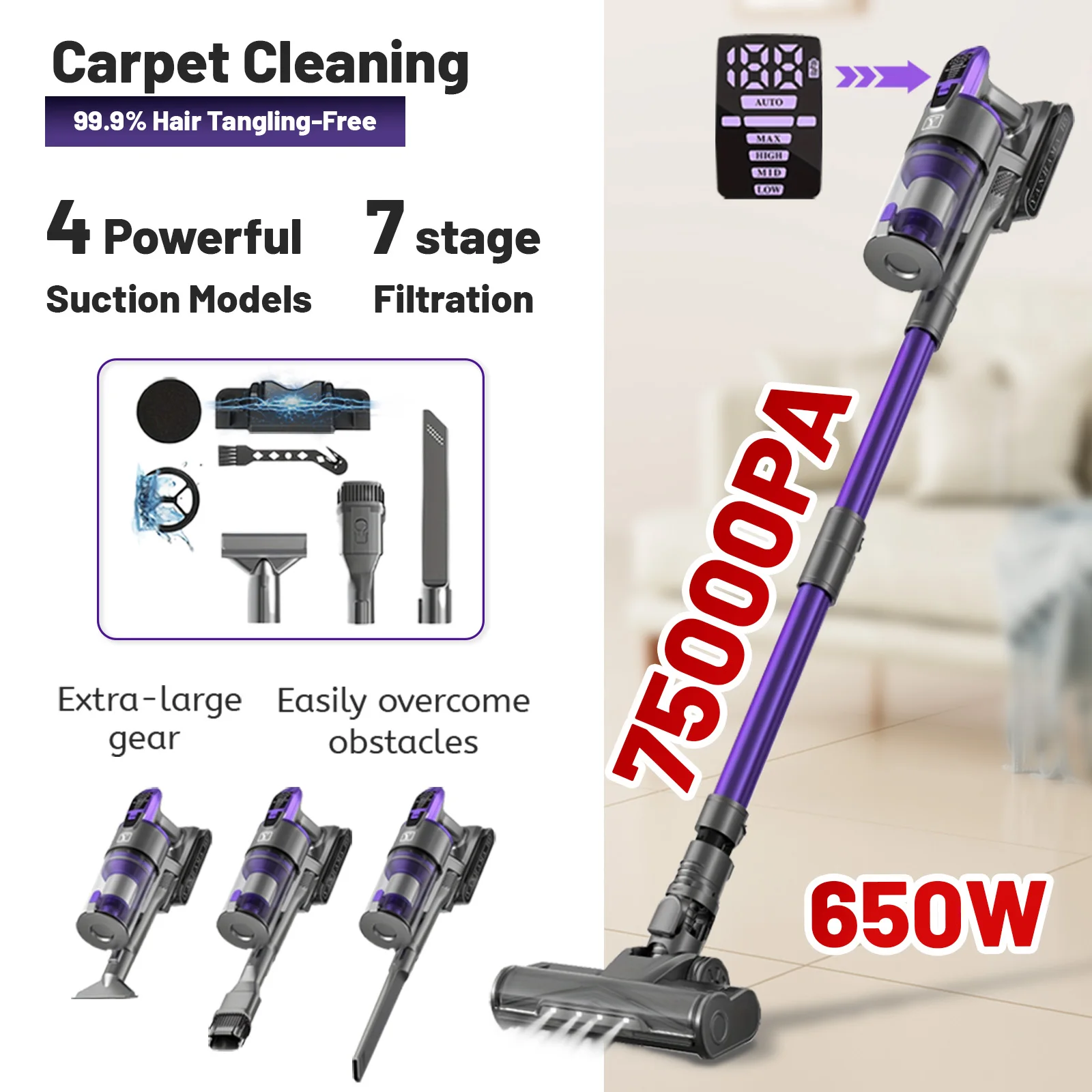 Yanhama 75KPA/650W/70MIN aspirateur sans fil-12 filtre conique, 4 vitesses, batterie amovible pour sols durs, tapis et poils d'animaux