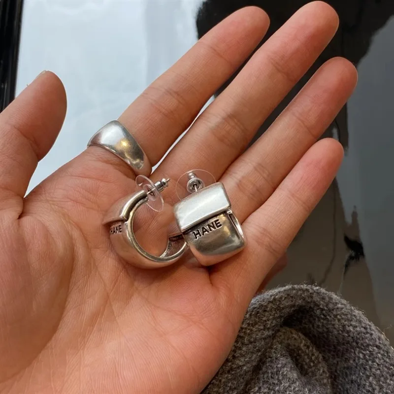 

Simple and old silver letter ring fashion punk personality high-end earrings