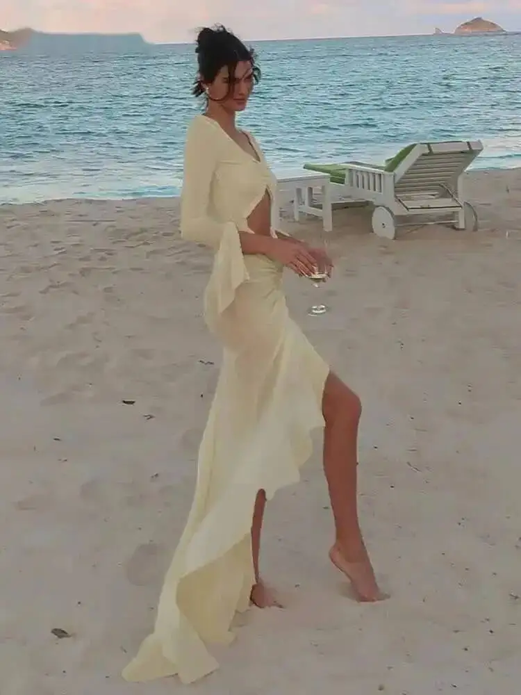 Mesh Concise Kleid Frauen Klassische Urlaub Stil Langarm Cut Out Raffen Asymmetrische Robe Weibliche Elegante Kleidung