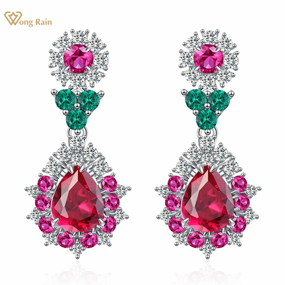 

Wong Rain 100% 925 Sterling Silver Pear Cut 8*10 MM Ruby Sapphire High Carbon Diamond Gemstone Drop Earrings for Women Jewelry