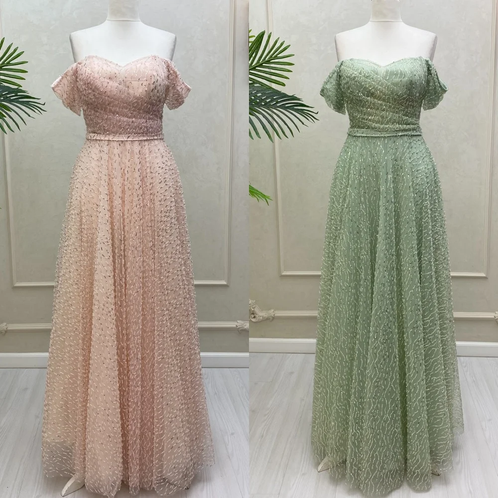 

Customized Elegant Pleat Sequined A-line Off-the-shoulder Long Dresses Bespoke Occasion Exquisite Unisex