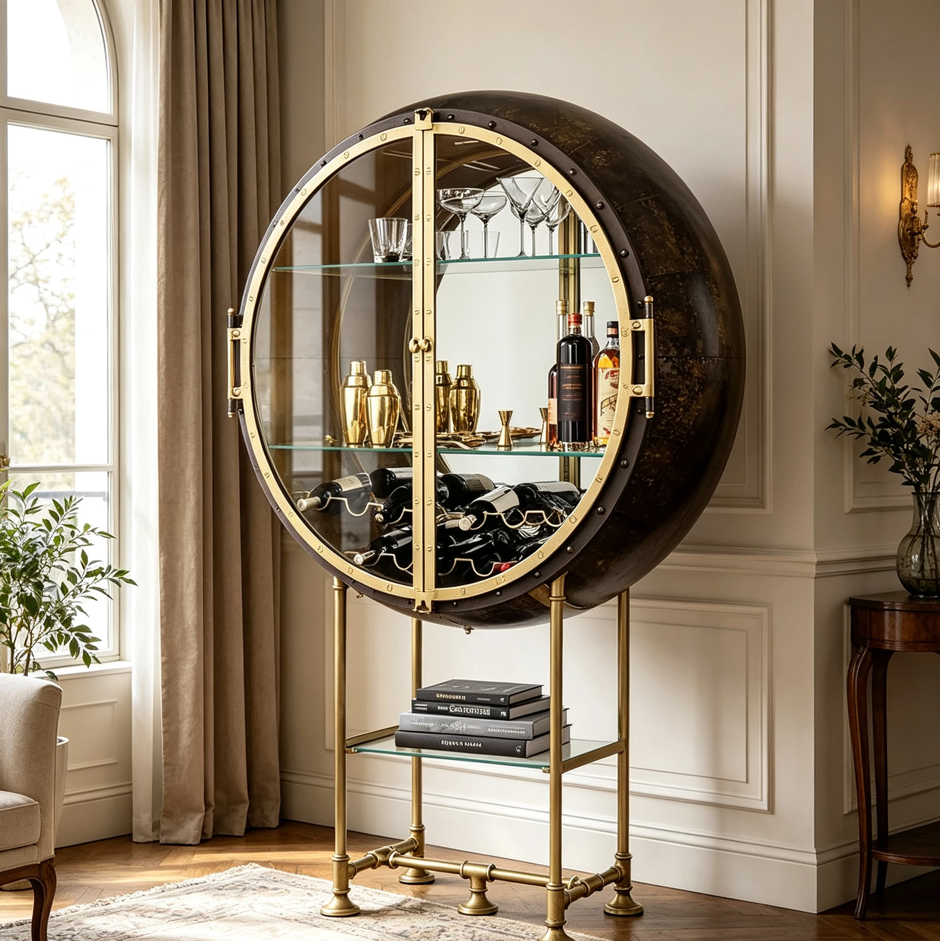 Round Vintage Industrial Fiberglass Wine Cabinet Tempered Glass Door Brass Stand for Luxury Family Bar Dining Interior