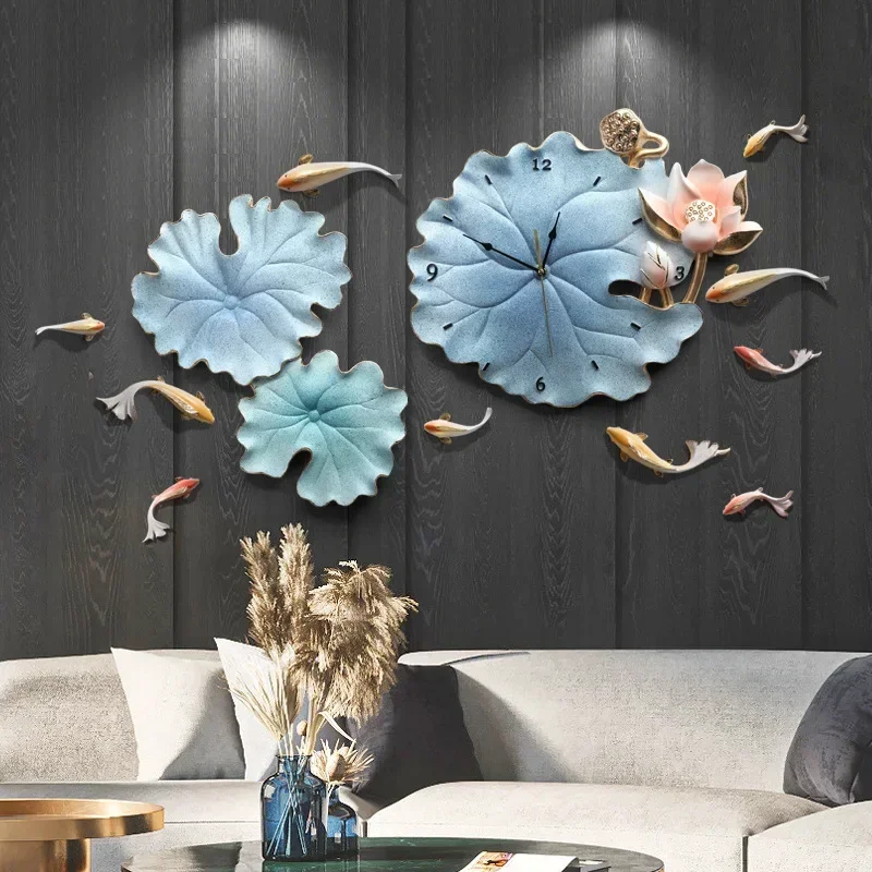 Light luxury lotus leaf living room wall decoration pendant three-dimensional flower dining room wall clock wall decoration