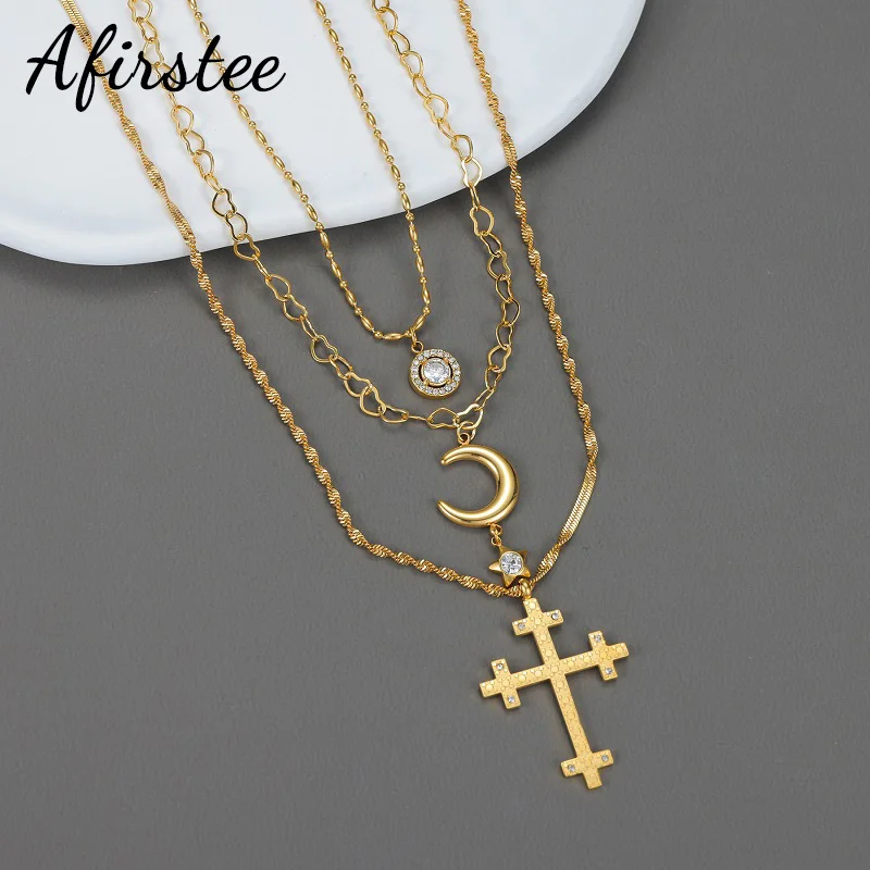 

Afirstee New Multiple Styles Three-layer Necklace Stainless Steel Gold Color For Women Elegant Banquet Jewelry Christmas Gift
