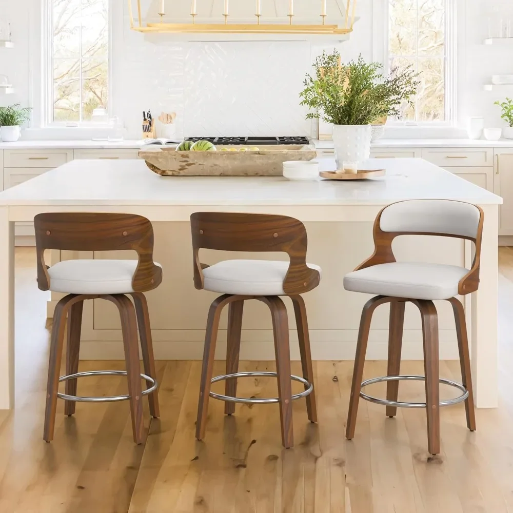 

26" Counter Height Bar Stools, Mid Century Bar Stools with Solid Back, Barstools with Walnut Finish and Faux Leather Seat