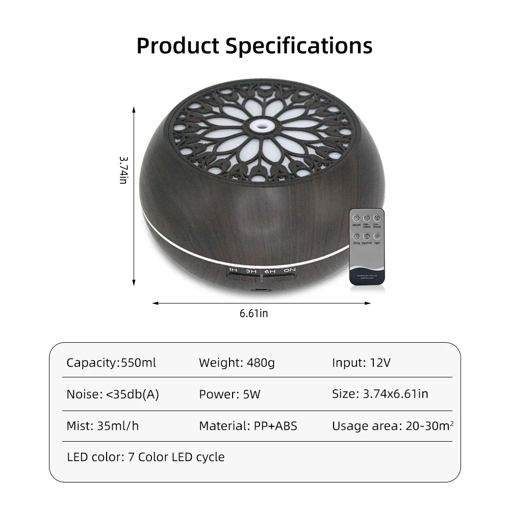 

550ml Essential Oil Diffuser with Remote Control 7-Color Light Sound Waves for Home Office Relaxation Aromatherapy