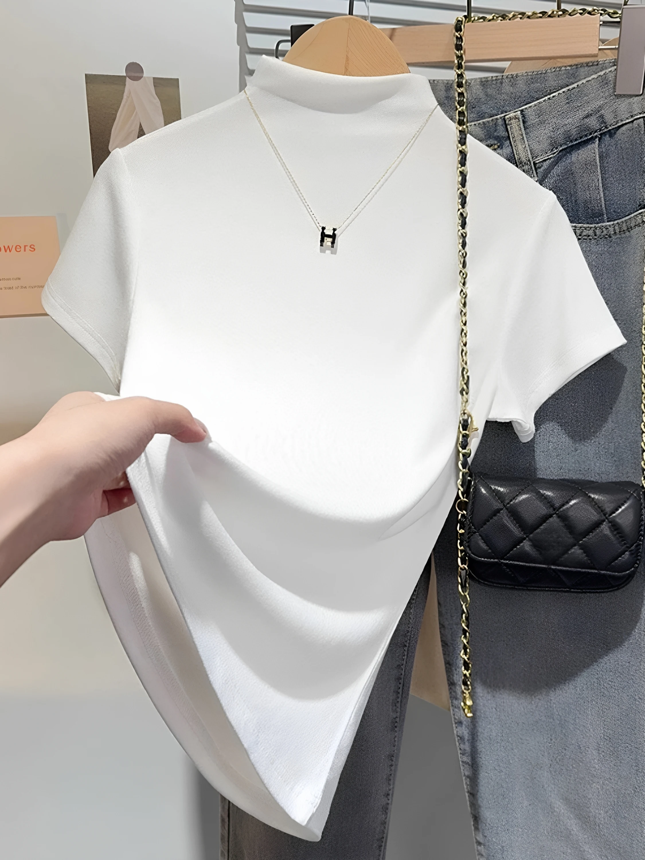 

2026 New Summer Women's Casual Short Sleeve Half High Collar T-Shirt plus Size Comfortable Commuting Base Shirt Sexy Girl