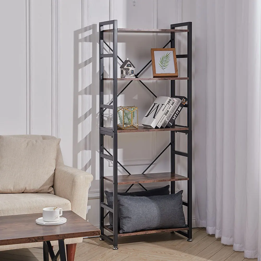 5-Tier Vintage Open Bookshelf Storage Display Shelving Unit For Bedroom Office