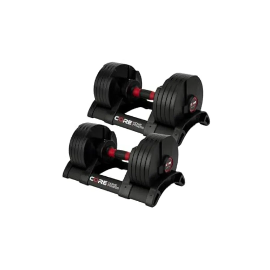 

Регулируемый набор гантелей для домашнего спортзала, стальная конструкция, черная отделка, регулировка веса от 5 до 50 фунтов, система быстрой смены веса.