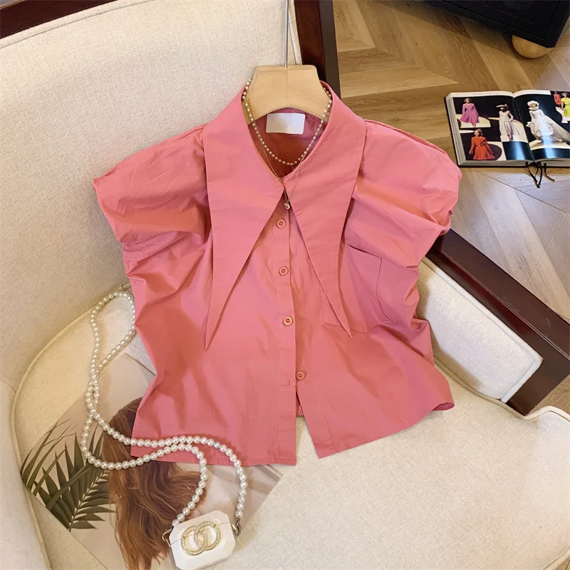 Design sense niche bubble sleeve shirt female summer 2024 unique and chic western style pleated button lapel sleeveless shirt