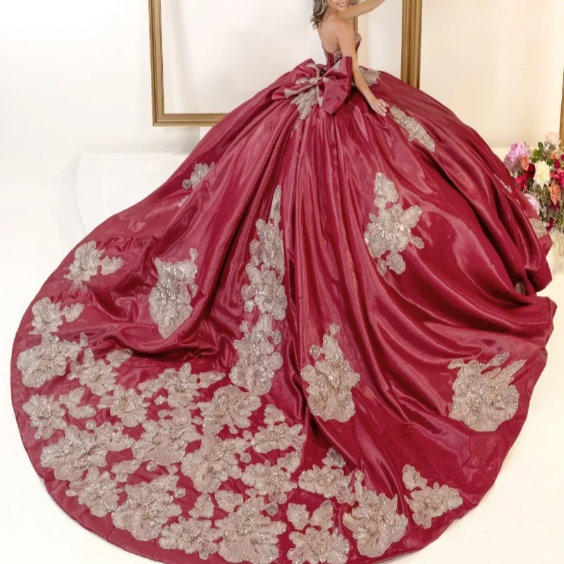 Vestido rojo para quinceañeras con hombros descubiertos, encaje, cristal, purpurina, calcomanía, lazo, vestidos de 15 quinceañera ﻿ Personaliza