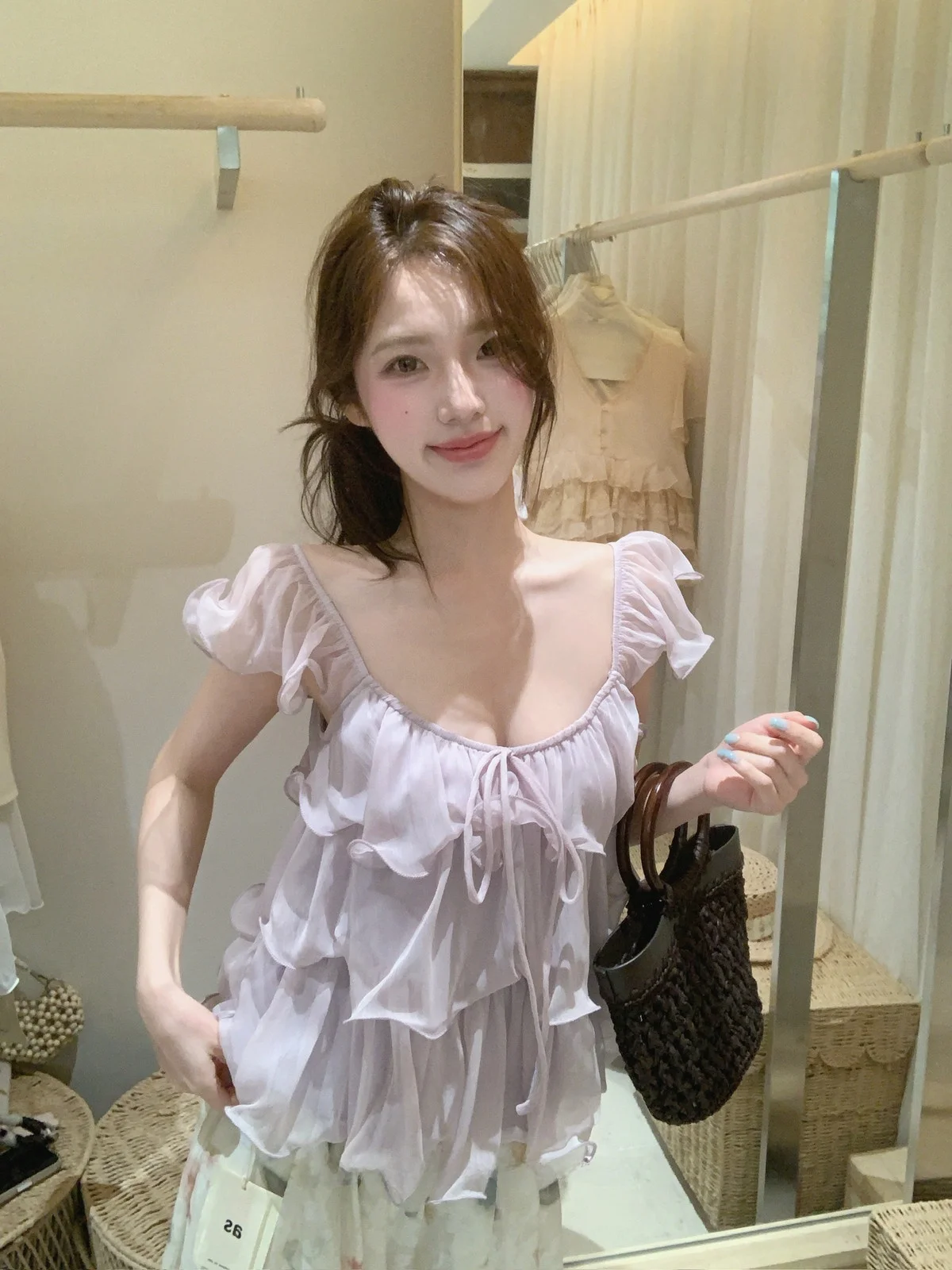 

Romantic Layered Lace Blouse Spring Summer Style Versatile French Country Floral Print Short Sleeve Women's Fashion Top